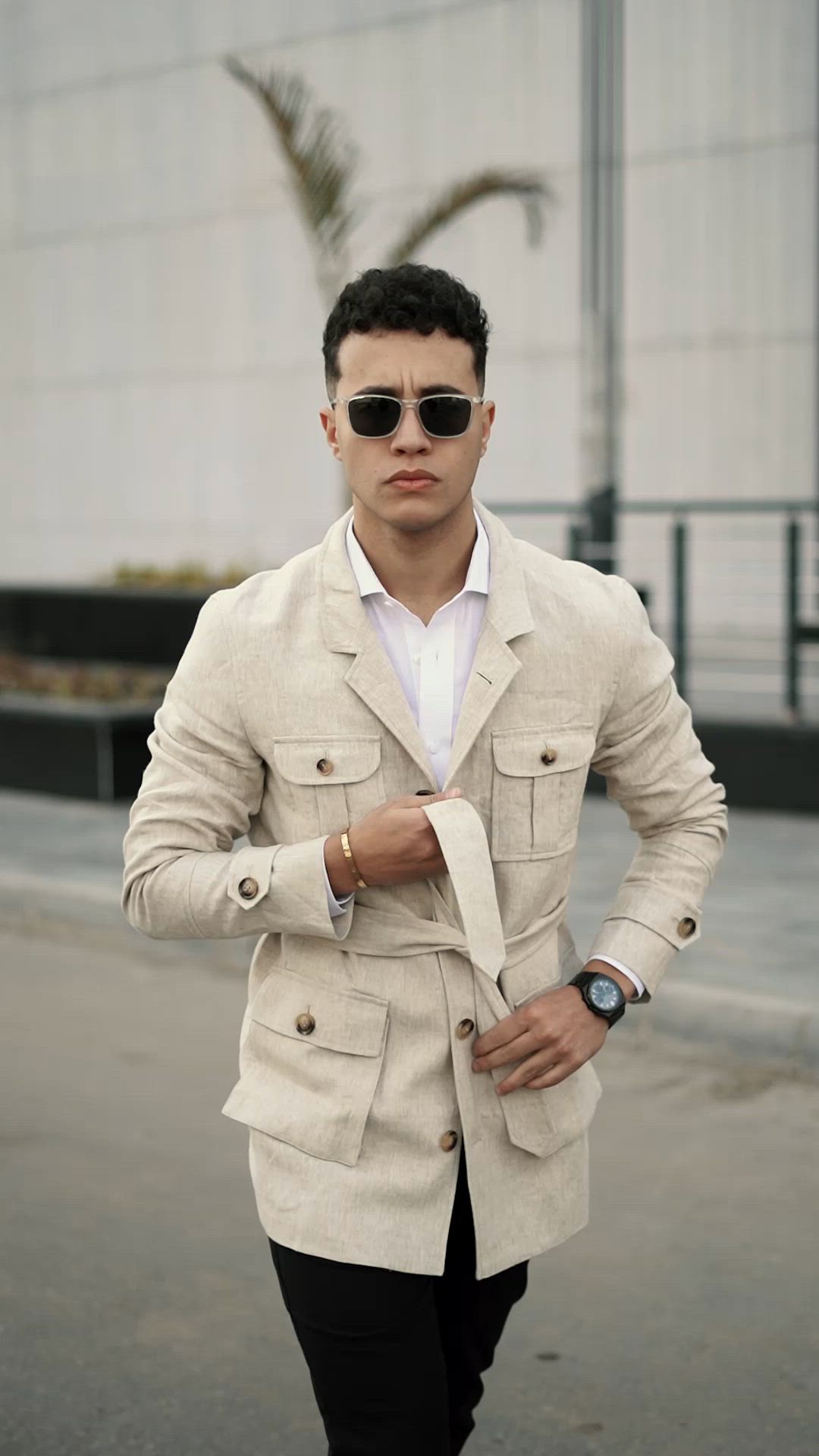 Lapeled beige linen military field jacket with belt