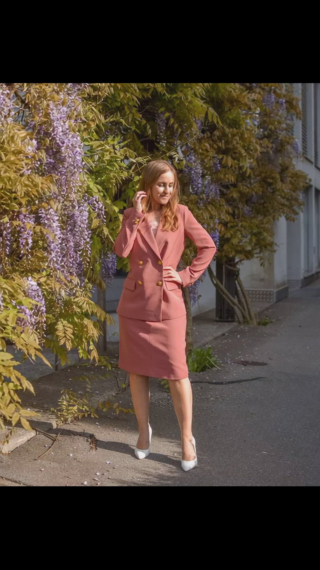 Pink double breasted stretch Skirt Suit | Sumissura