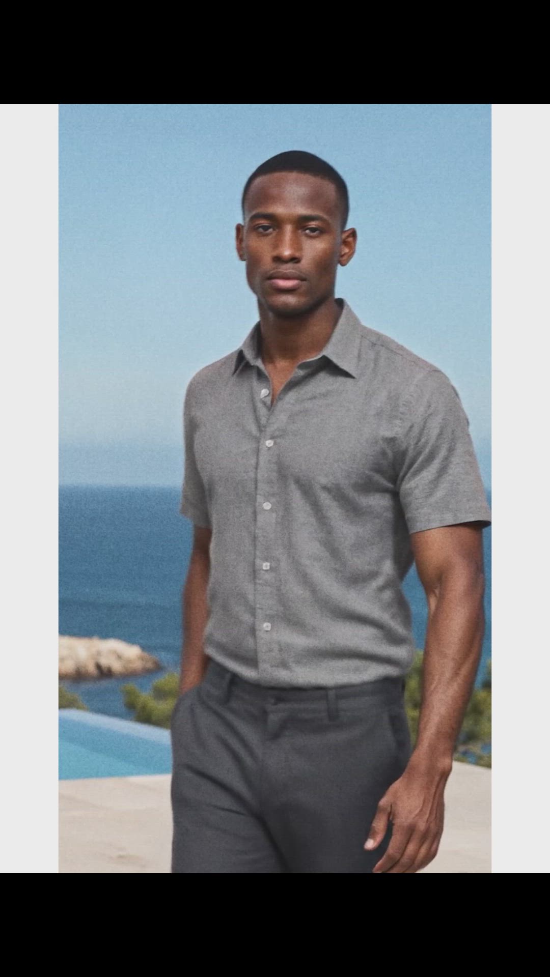 Chemise extensible en coton/lin gris clair à manches courtes