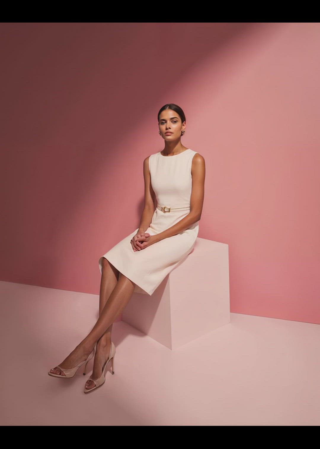 Beige round neck Shift Dress